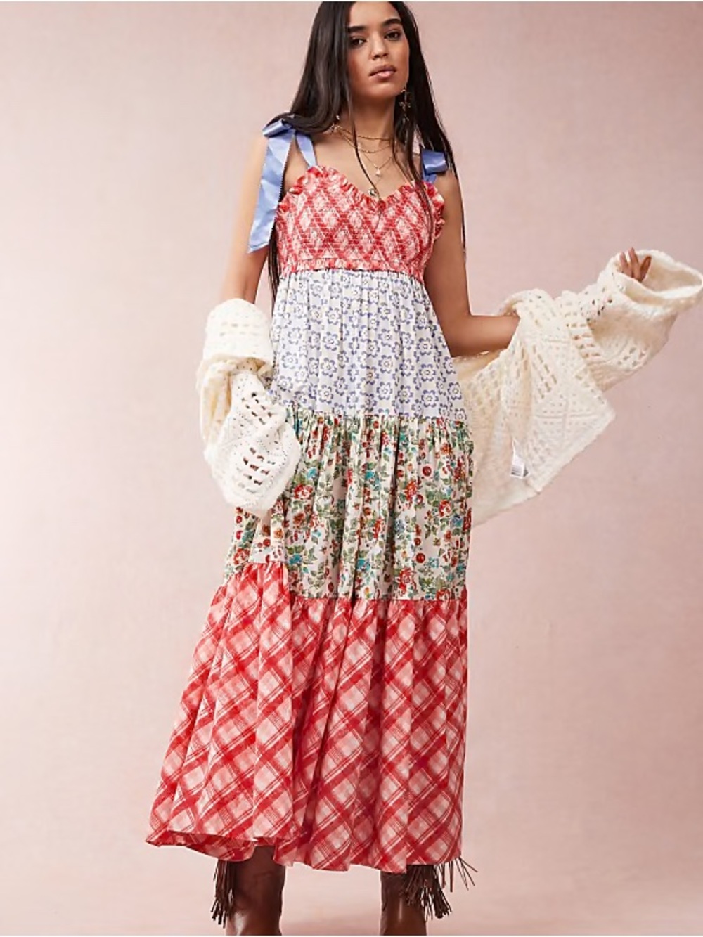 Free People Blue Bell ribbon tie Mixed-Print Tiered Maxi Dress